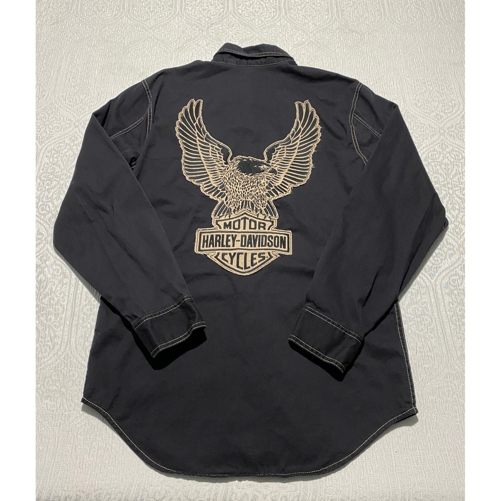 Harley Davidson Mens Black Long Sleeve Button Up Work Shirt Eagle 99010-16VM S